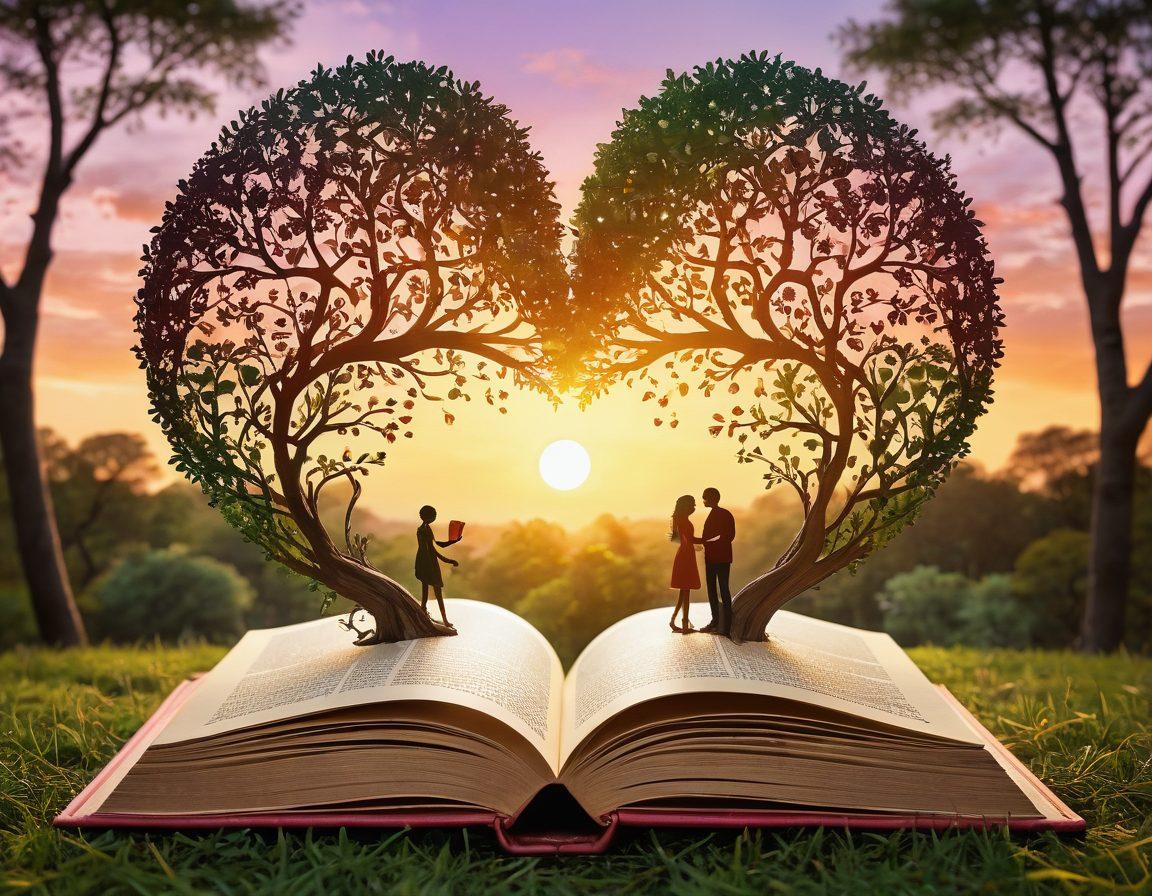A heart-shaped book with golden pages, spilling out vibrant illustrations of diverse couples sharing stories, interspersed with symbols of life insurance, like trees representing growth and protection. In the background, a soft sunset hue adds warmth, while ethereal wisps connect the characters, symbolizing the intertwining of their narratives. Artistic touch with a whimsical style. colorful illustrations. warm tones.