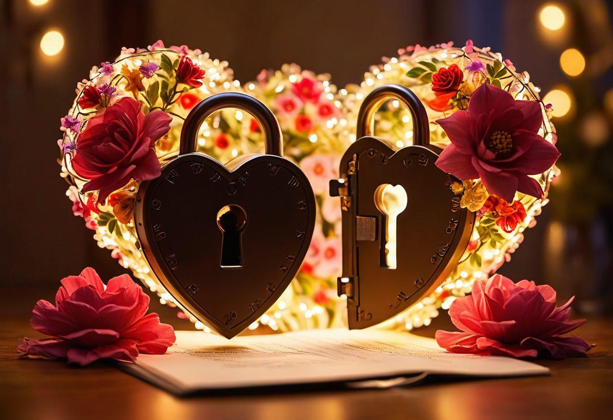 A heart-shaped lock and key intertwined with blooming flowers, symbolizing love and security, surrounded by soft glowing lights that create a warm, inviting atmosphere. In the background, silhouettes of a couple holding hands, with a subtle hint of a policy document emerging from the petals. This imagery captures the idea of life insurance as a foundation for passionate relationships. vibrant colors. soft focus. romantic ambiance.