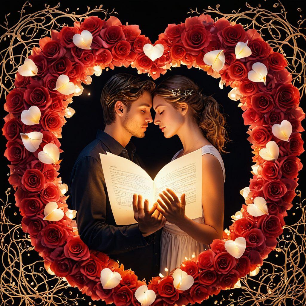 An intimate scene depicting a couple engrossed in each other's gaze, surrounded by softly glowing insurance policy documents that weave into whimsical shapes like hearts and vines. The background showcases a surreal blend of romantic elements such as rose petals and soft light, symbolizing how insurance shapes their emotional connection. The overall mood conveys passion and warmth. vibrant colors. surrealistic.